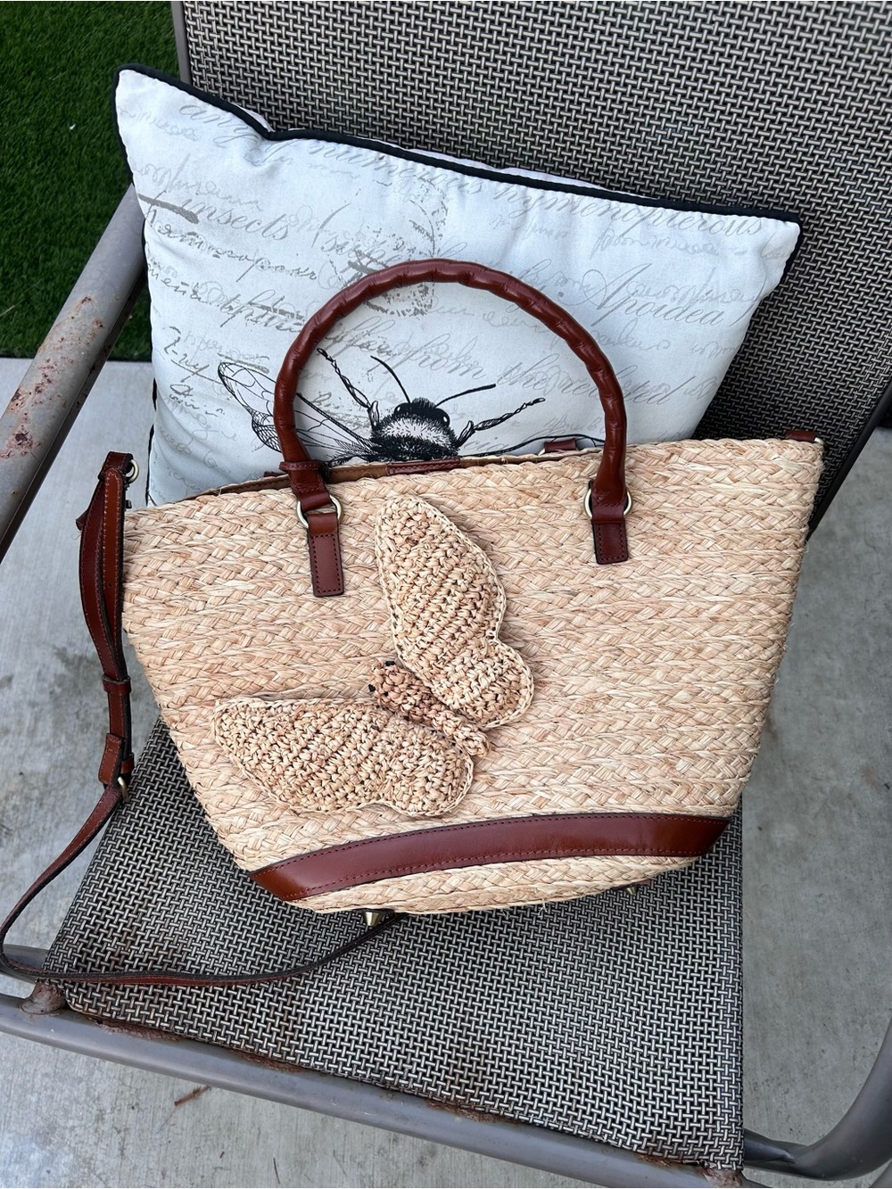 Patricia Nash Natural Straw Tote with Brown Trim and Butterfly Accent